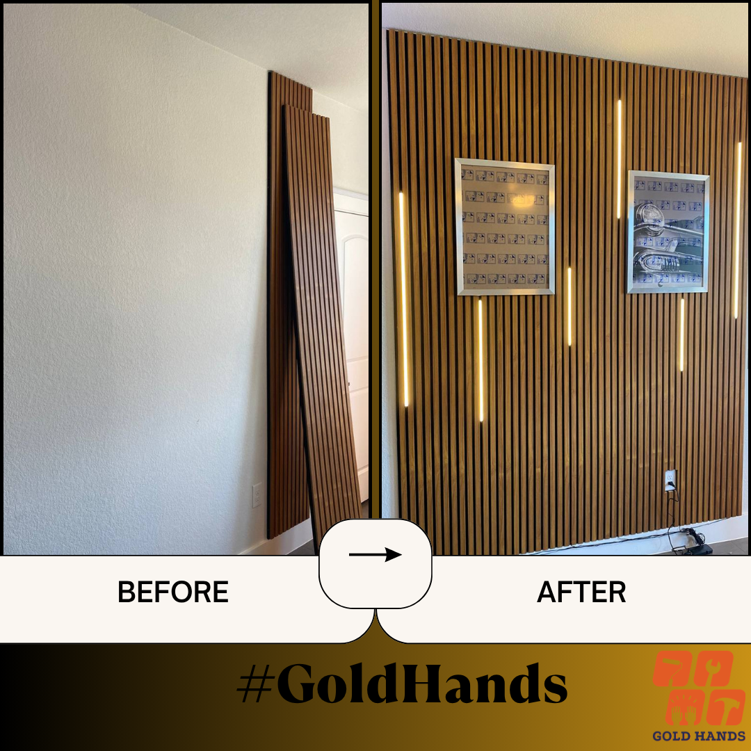 Before and after wood slat accent wall with LED lights by Gold Hands