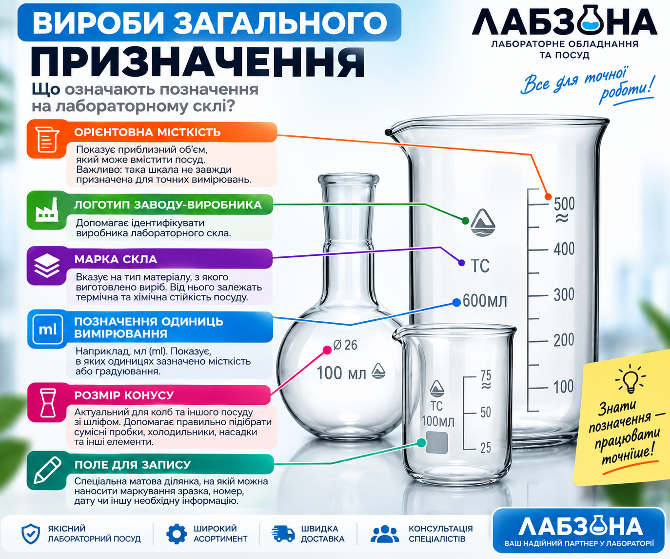 Що означають позначення на лабораторному скляному посуді?