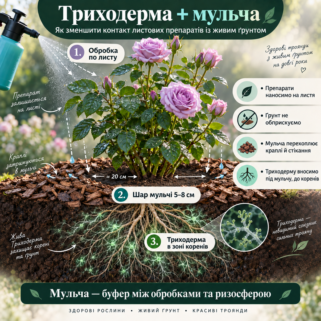 Триходерма + мульча - дуже сильне поєднання для здорового ґрунту.